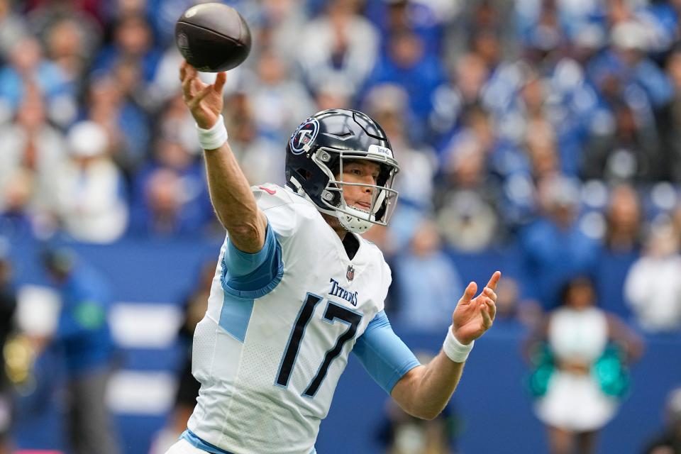 Tennessee Titans quarterback Ryan Tannehill (17) throws a pass against the Indianapolis Colts during the first half of an NFL football game, Sunday, Oct. 8, 2023, in Indianapolis. (AP Photo/Darron Cummings)