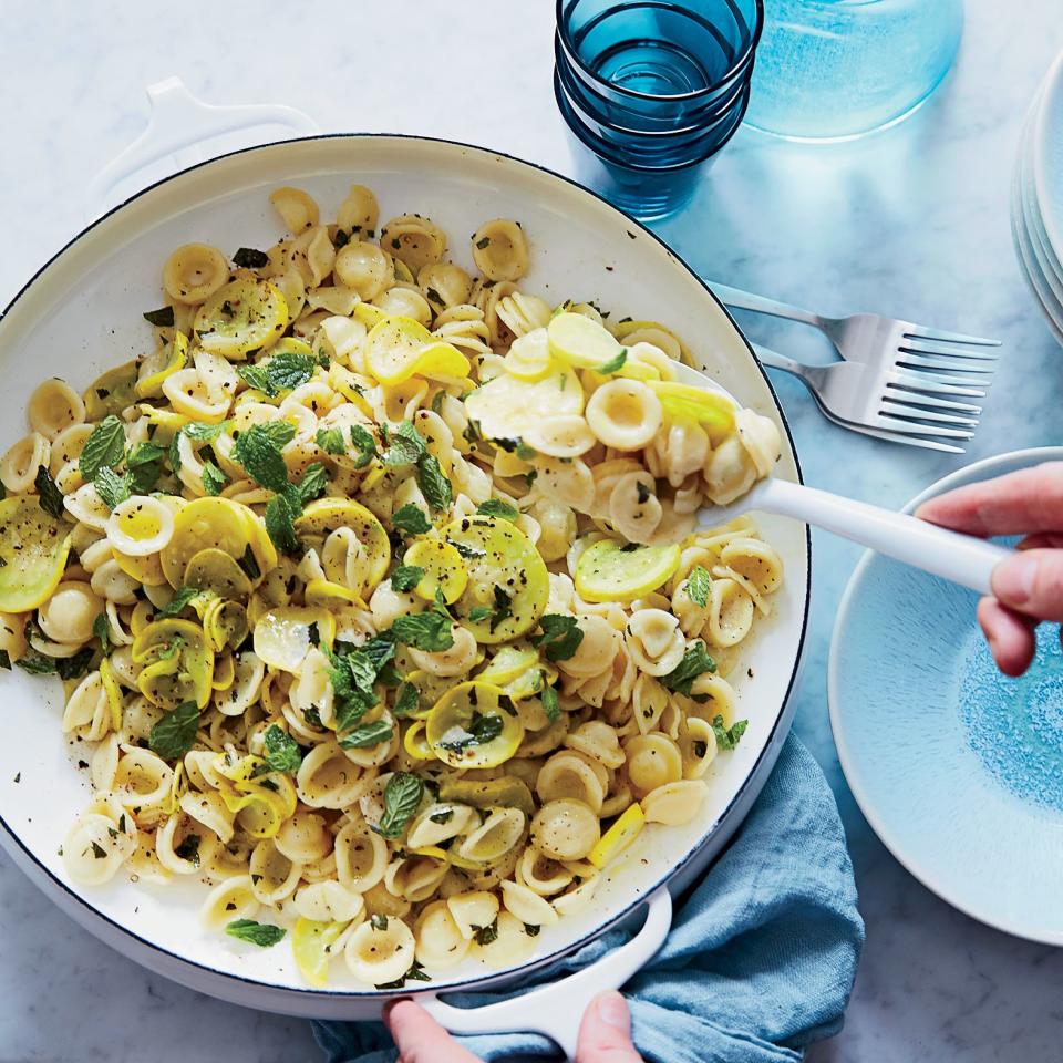 Orecchiette with Summer Squash, Mint and Goat Cheese