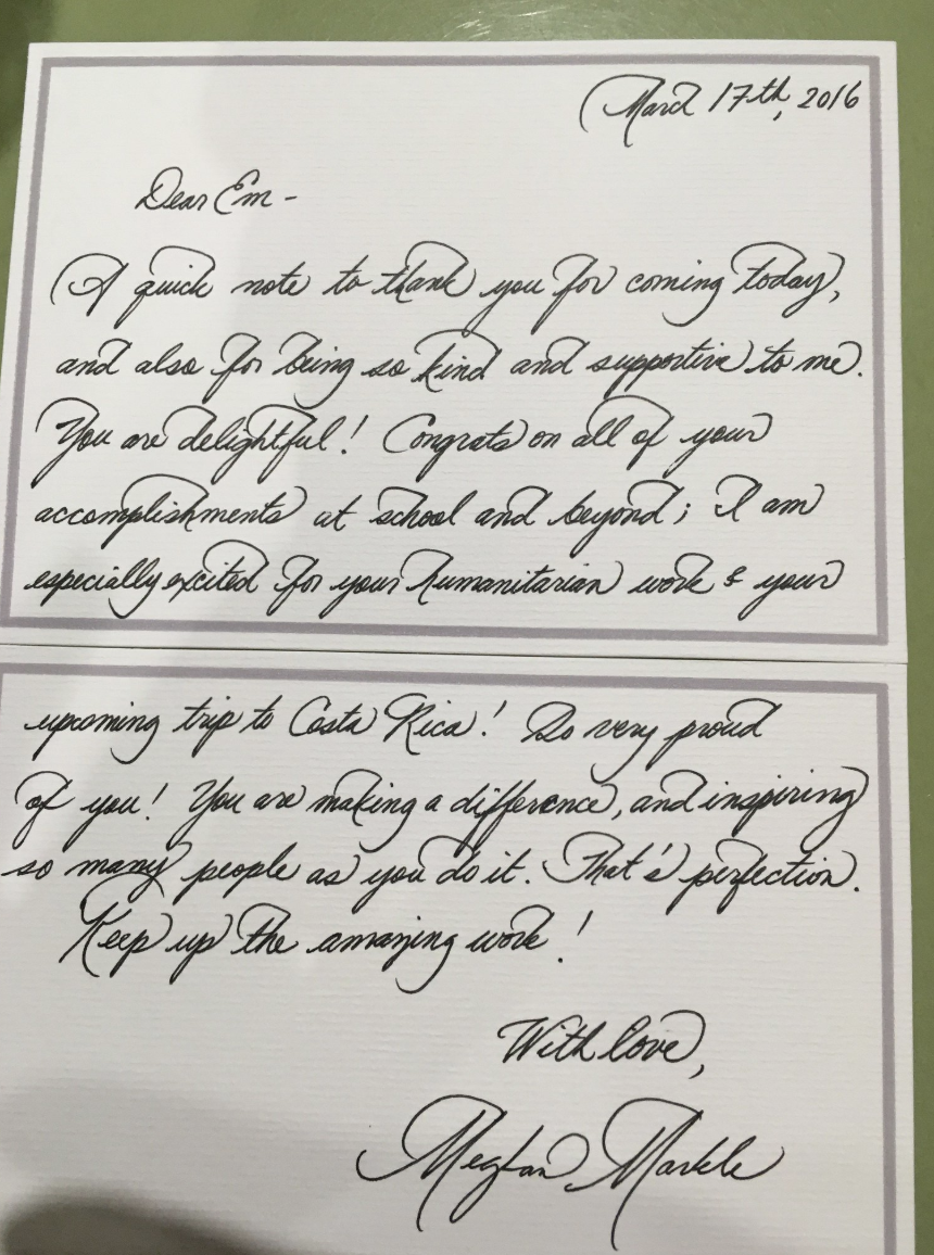 The letter Meghan gave Emily. Source: Twitter/Emily Sorrells