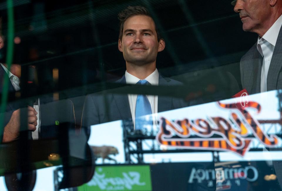 Tigers president of baseball operations Scott Harris is interviewed after his introductory news conference Tuesday, Sept. 20, 2022 at Comerica Park in downtown Detroit.