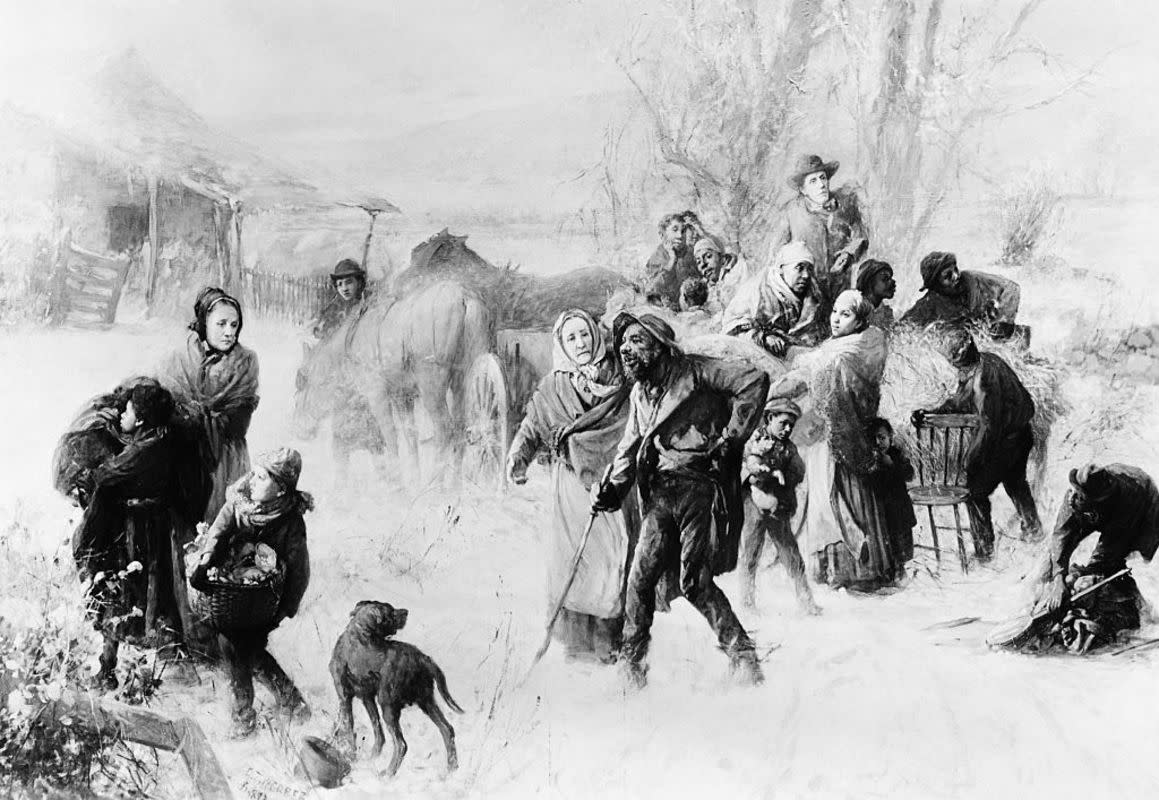 A painting after The Underground Railroad by Charles T. Webber shows Levi Coffin, his wife Catherine, and Hannah Haydock assisting a group of fugitive slaves.<p>Getty Images</p>