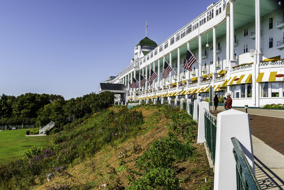 The front entrance of the Grand Hotel on Mackinac Island