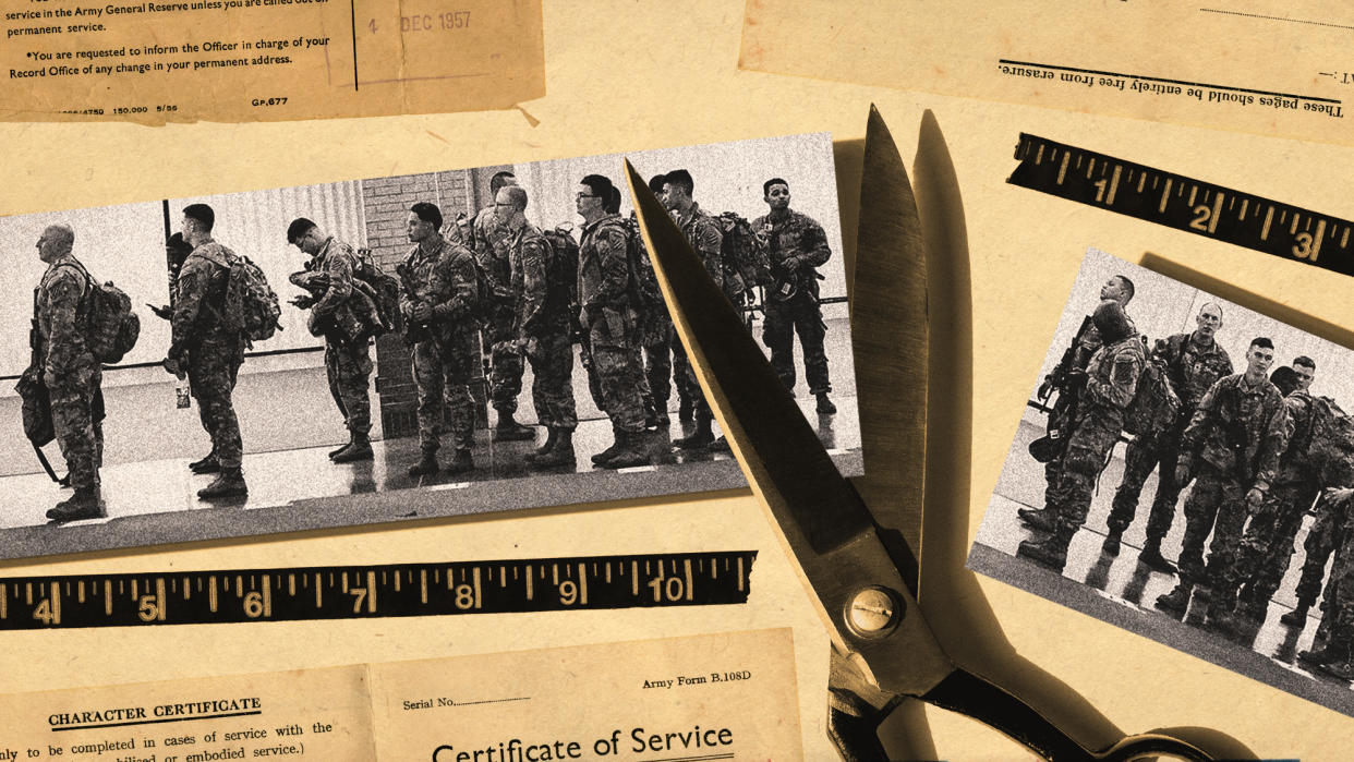  Photo collage of scissors cutting up a picture of lined up US soldiers. . 