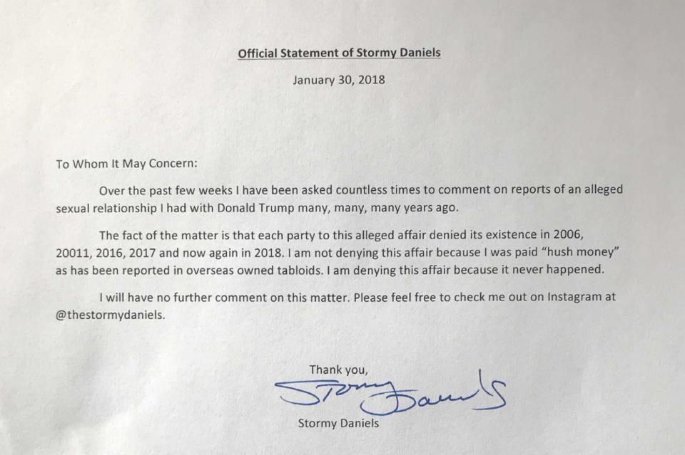 PHOTO: A later-recanted statement from Stormy Daniels denying her alleged affair with Donald Trump dated January 30, 2018. (Manhattan District Attorney’s Office)