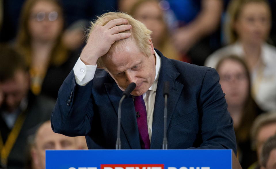 Prime Minister Boris Johnson delivers a speech during a visit to the JCB Cab Manufacturing Centre, in Uttoxeter, Britain.