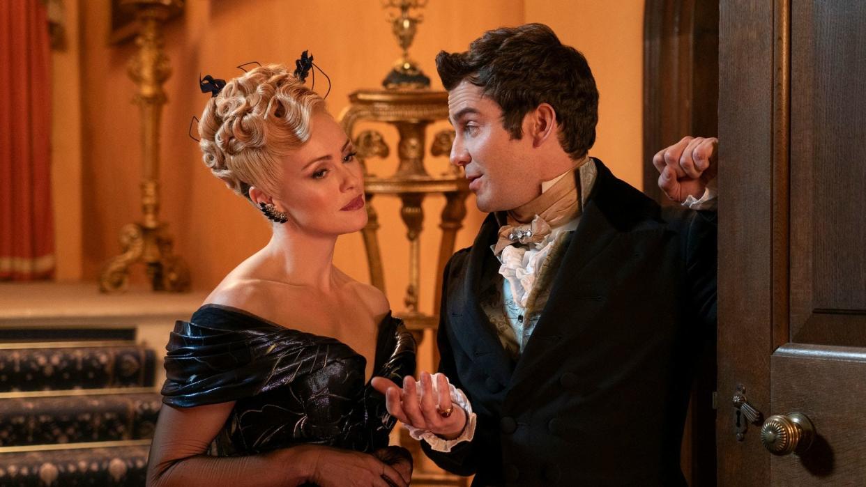 Hannah New as Lady Tilley Arnold, Luke Thompson as Benedict Bridgerton 