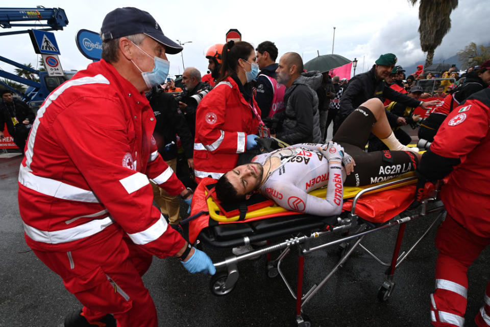 SALERNO ITALY  MAY 10 Andrea Vendrame of Italy and AG2R Citron Team assisted after being involved in a crash during the 106th Giro dItalia 2023  Stage 5 a 171km stage from Atripalda to Salerno  UCIWT  on May 10 2023 in Salerno Italy Photo by Tim de WaeleGetty Images