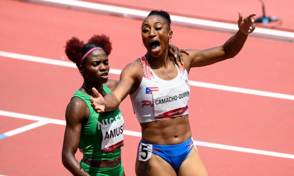 Jasmine Camacho-Quinn reacts after winning the gold medal in the women’s 100m hurdles final.