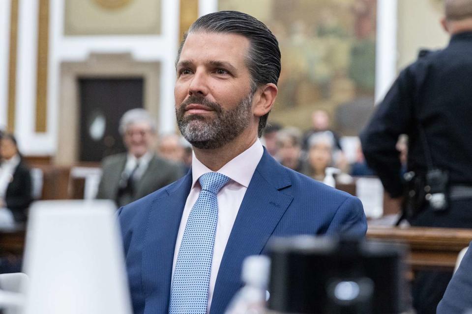 <p>Jeenah Moon/Bloomberg via Getty Images</p> Donald Trump Jr. at trial in New York on Nov. 2, 2023