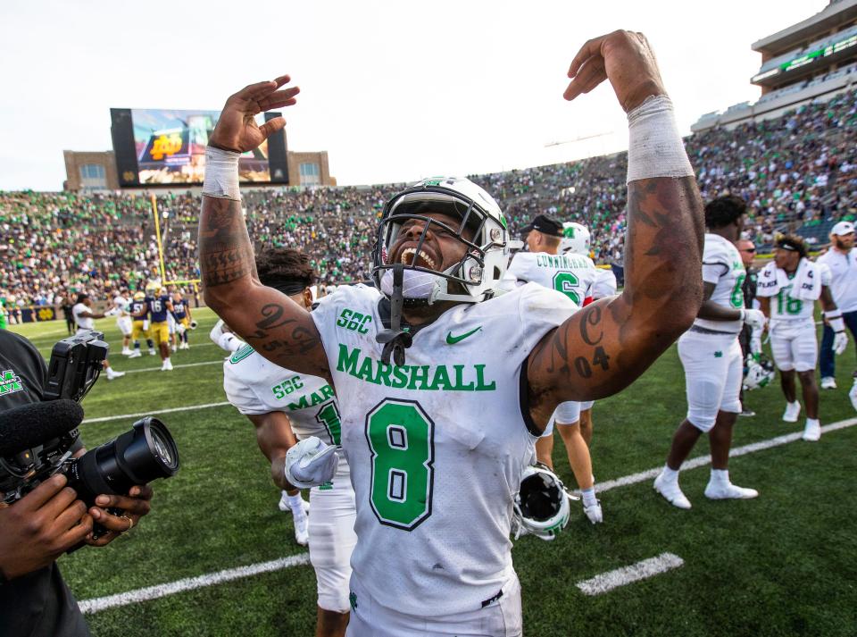 Marshall running back Khalan Laborn (8) celebrates after the Notre Dame vs. Marshall NCAA football game Saturday, Sept. 10, 2022 at Notre Dame Stadium in South Bend.