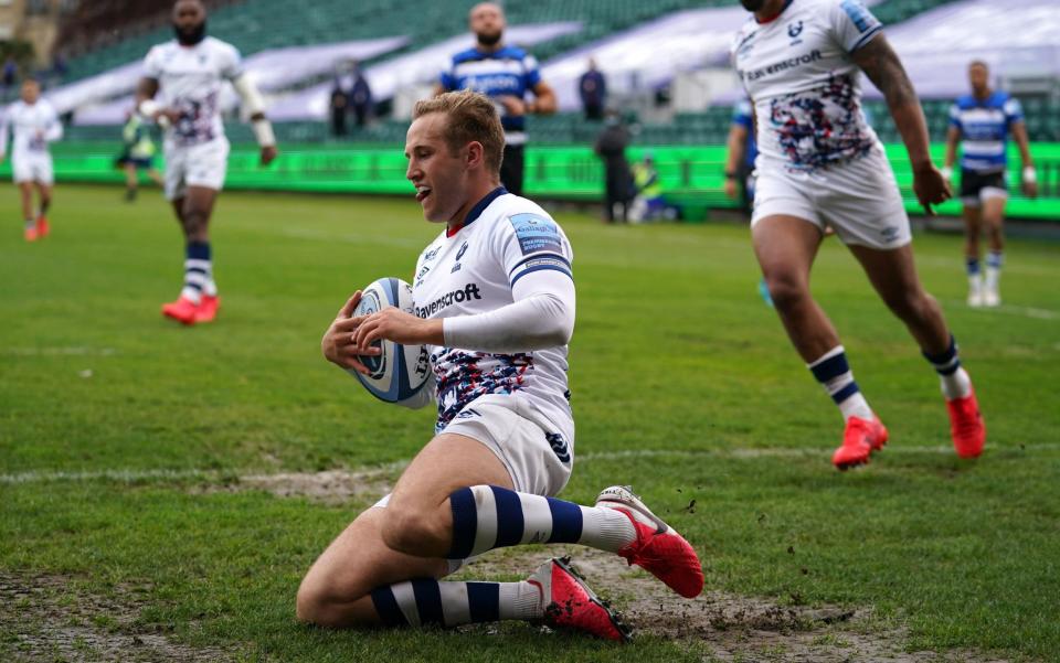 Bristol Bears' Max Malins scores a try but is disallowed due to a forward pass during the Gallagher Premiership match at the Recreation Ground, Bath. Picture date: Saturday May 8, 2021.  - PA