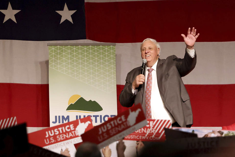 West Virginia Gov. Jim Justice speaks during an announcement for his U.S. Senate campaign, Thursday, April 27, 2023, at The Greenbrier Resort in White Sulphur Springs, W.Va. (AP Photo/Chris Jackson)