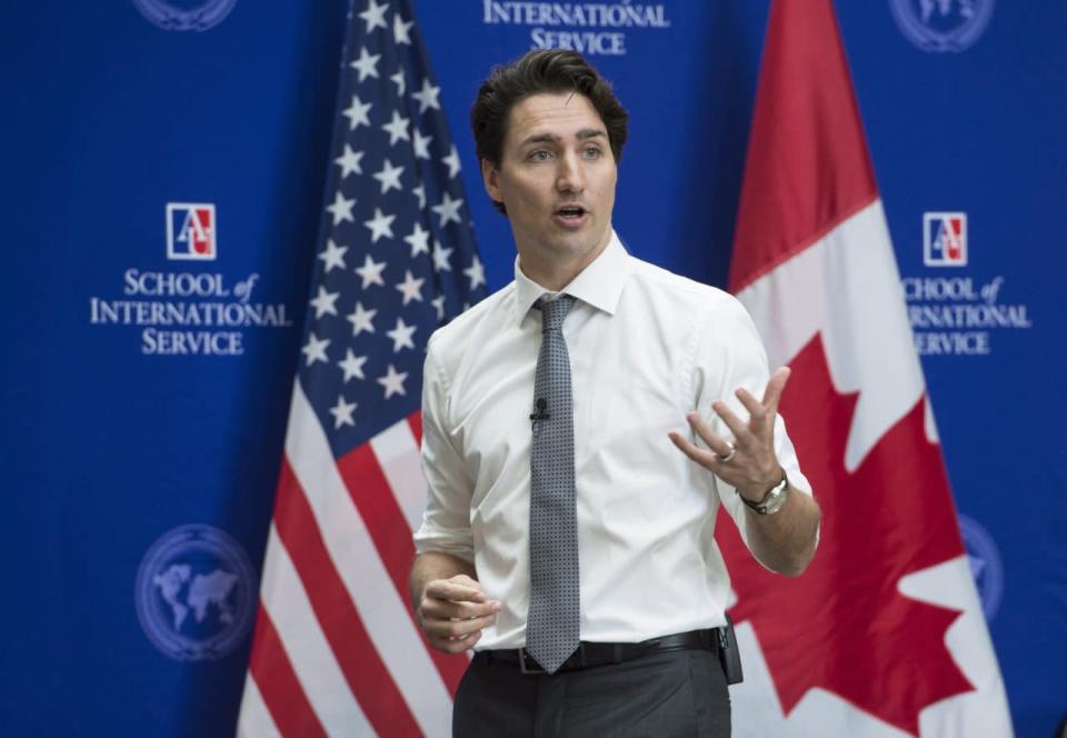 Prime Minister Justin Trudeau addresses students at American University, Friday, March 11, 2016 in Washington. THE CANADIAN PRESS/Paul Chiasson