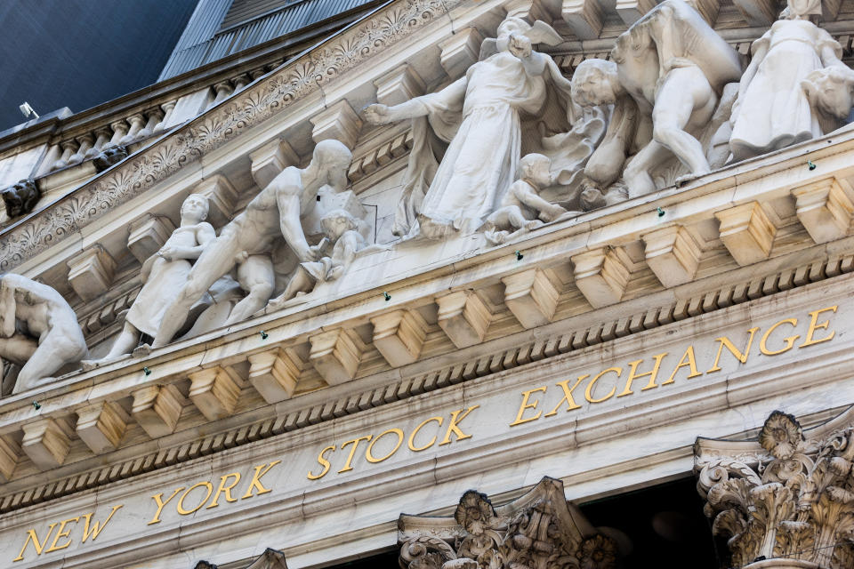 A detail of the exterior of The New York Stock Exchange, on Wednesday, Aug. 3, 2022, in New York. (AP Photo/Julia Nikhinson)