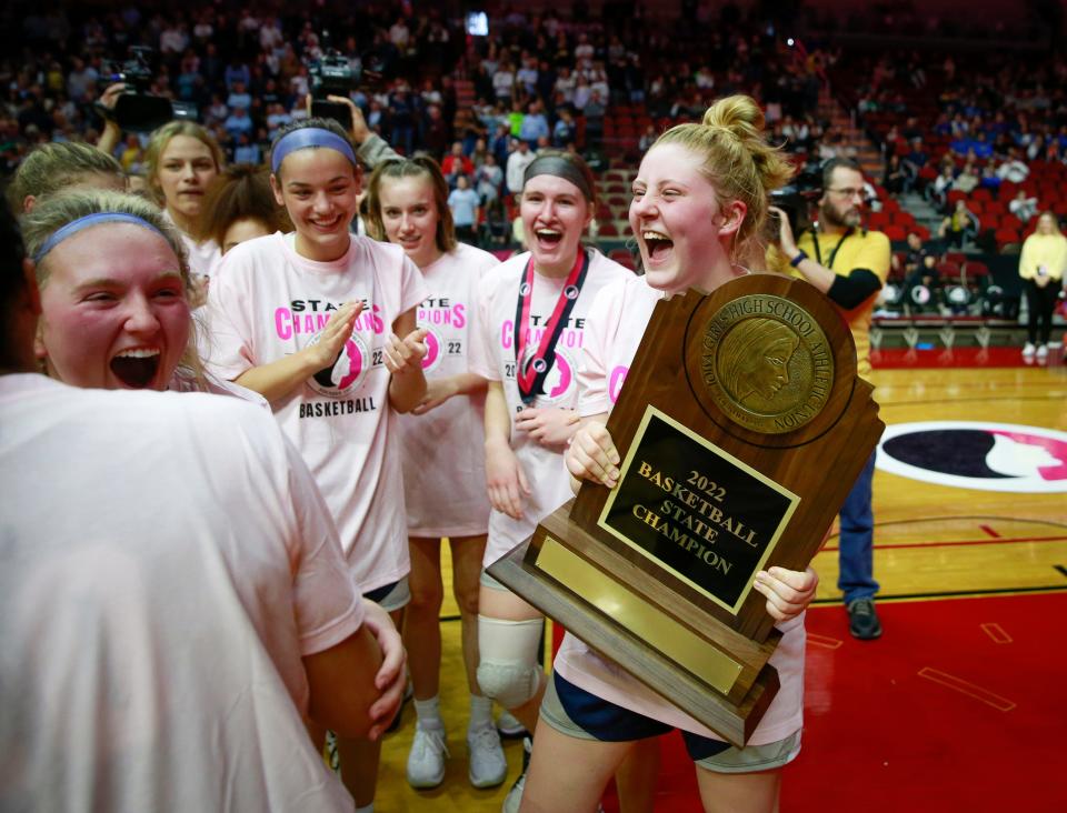 Riley Jonker holds Cedar Rapids Xavier's 4A state championship trophy following the Saints' 54-40 victory over Bishop Heelan Catholic in the 4A title game Saturday, March 5 at Wells Fargo Arena in Des Moines. Jonker had 13 points and 5 rebounds off the bench in the win.