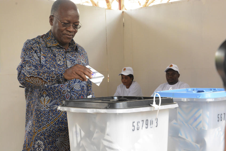 The ruling party CCM presidential candidate Dr. John Magufuli casts his vote at Chamwino in Dodoma Wednesday. Oct. 28, 2020. The populist Magufuli, who made his name in part by targeting corruption, now seeks a second five-year term in one of Africa's most populous and fastest-growing economies. (AP Photo)