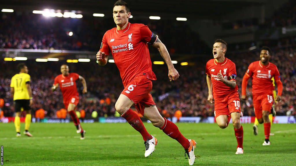 Dejan Lovren celebrates his goal for Liverpool