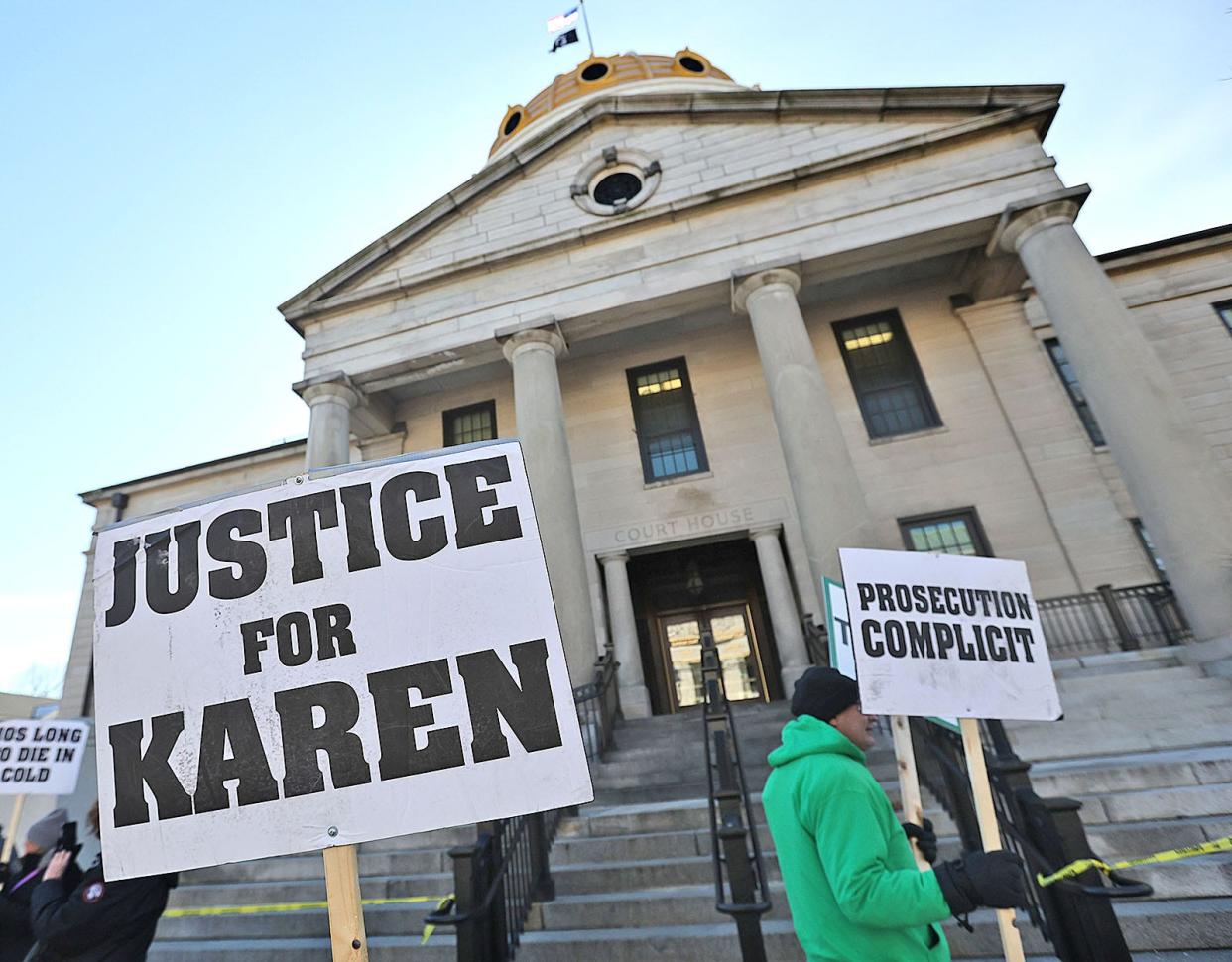 Protesters show their support for Karen Read, who is accused of murder in the death of Braintree native John O'Keefe, outside Dedham Superior Court on Thursday, Feb. 15, 2024.