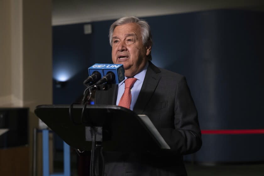 United Nations Secretary-General Antonio Guterres makes remarks before the 2022 Nuclear Non-Proliferation Treaty (NPT) review conference in the United Nations General Assembly, Monday, Aug. 1, 2022. (AP Photo/Yuki Iwamura)