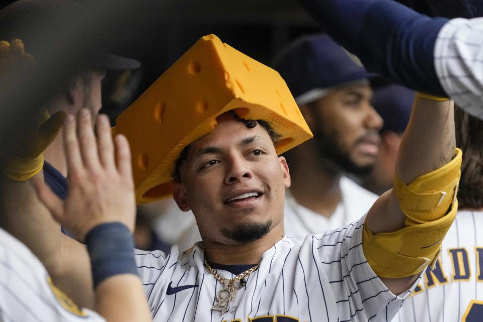Milwaukee Brewers' William Contreras celebrates after hiting a home run during the eighth inning of a baseball game against the Oakland Athletics Saturday, June 10, 2023, in Milwaukee. (AP Photo/Morry Gash)