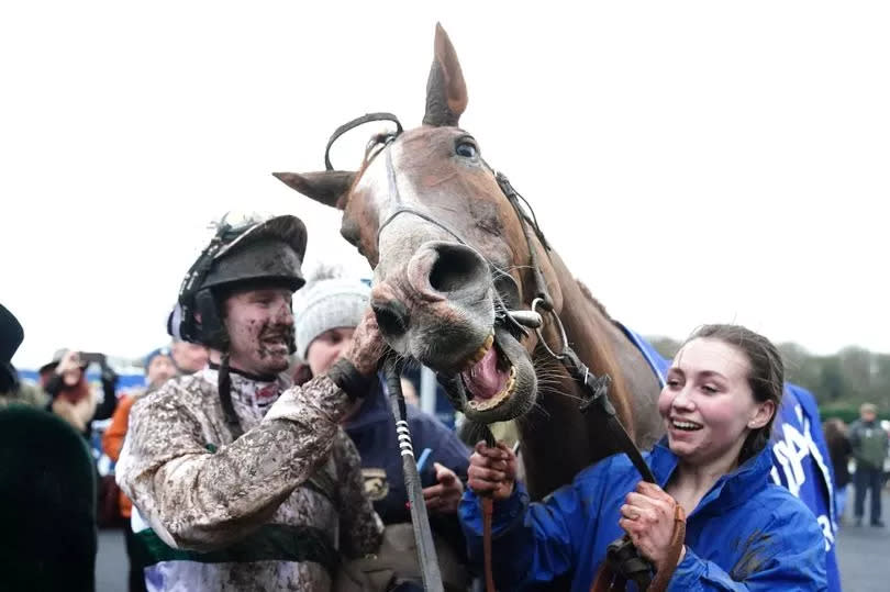 Nassalam and jockey Caoilin Quinn celebrate winning the Coral Welsh Grand National Handicap Chase at Chepstow Racecourse on Wednesday, December 27 2023