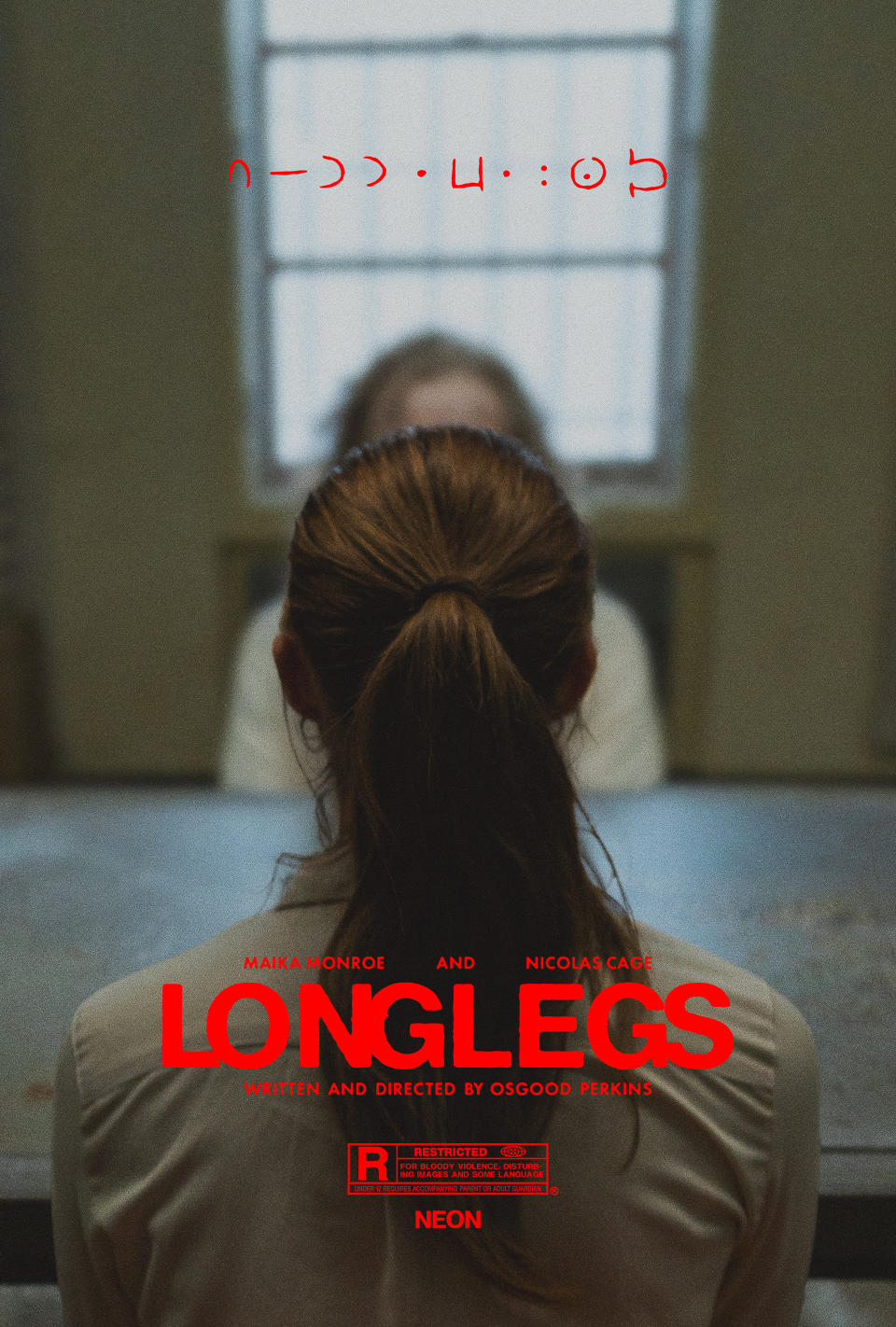 Person facing away, sitting across another blurred figure, movie poster for "Longlegs" with Maika Monroe and Nicolas Cage