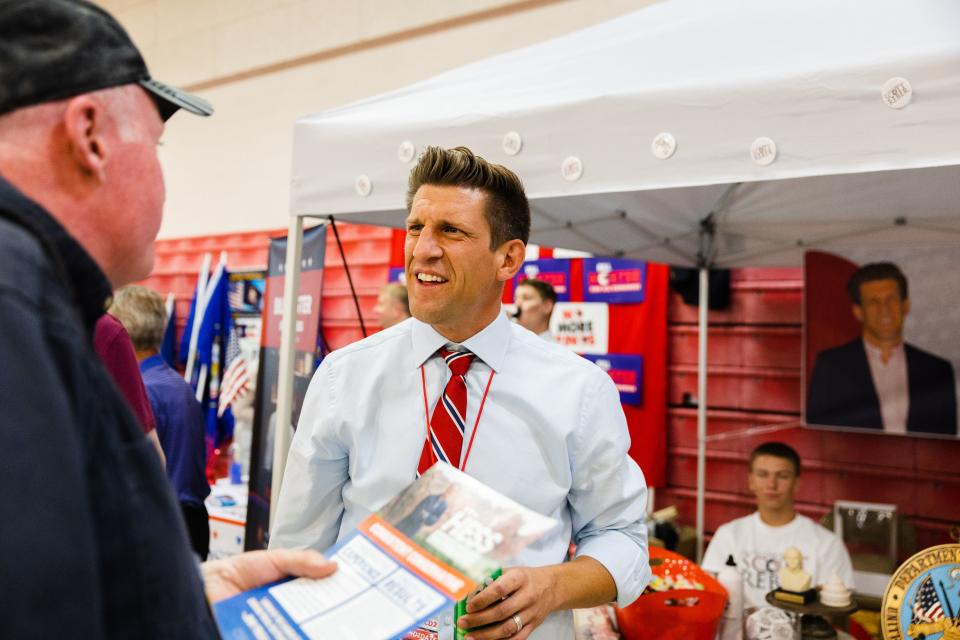 Utah Congressional 2nd District candidate Scott Reber speaks with delegates during the Utah Republican Party’s special election at Delta High School in Delta on June 24, 2023. | Ryan Sun, Deseret News