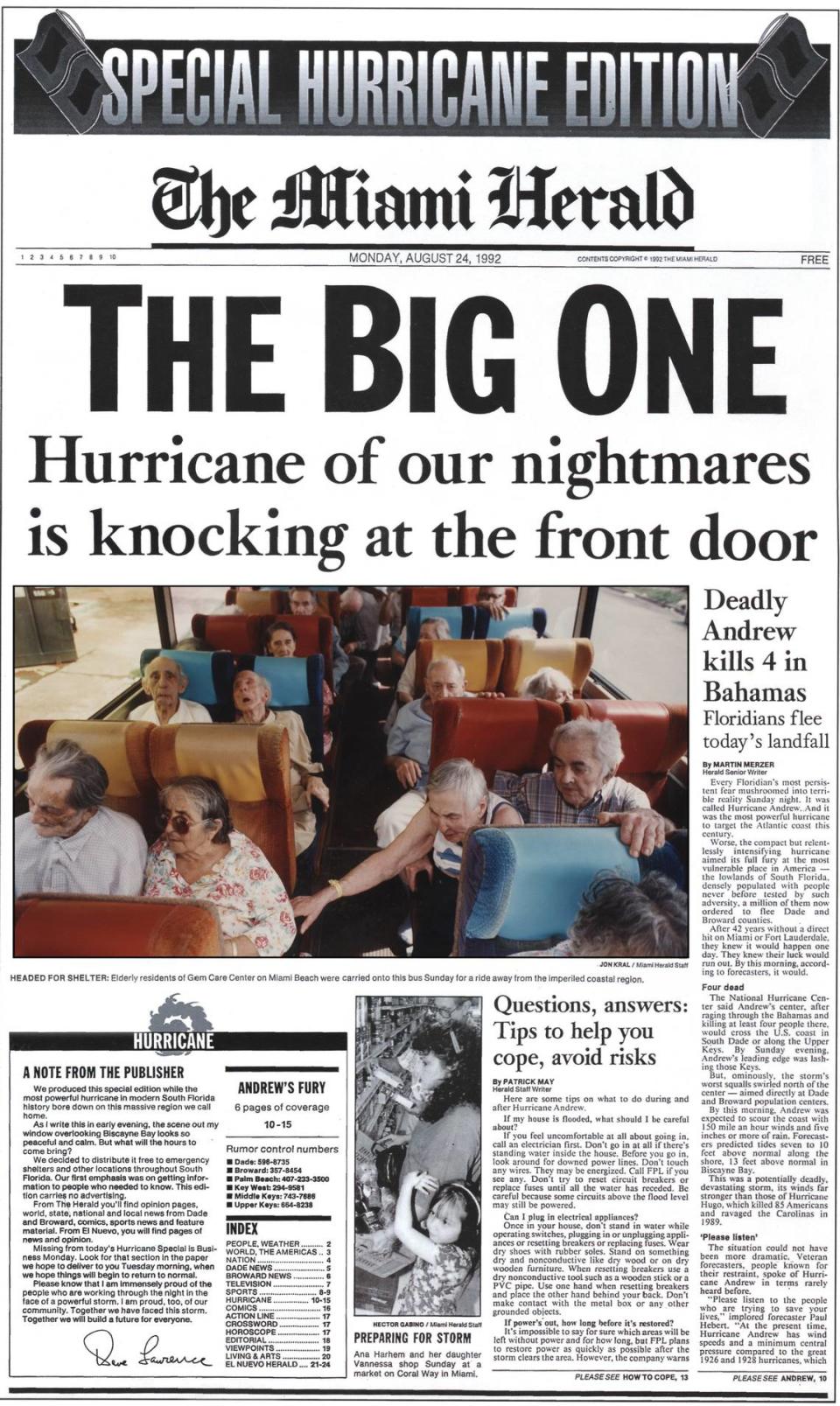 Cover page (page 1, section A) of the special edition of the Miami Herald published Monday, Aug. 24, 1992, on the day Hurricane Andrew arrived in South Miami-Dade.