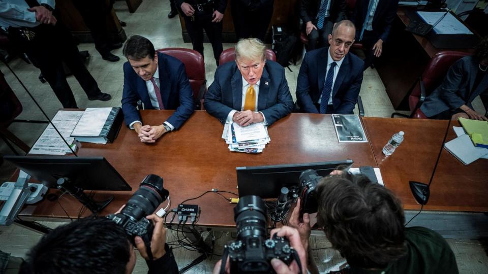 PHOTO: Former President Donald Trump, flanked by attorneys Todd Blanche and Emil Bove, arrives for his criminal trial at the Manhattan Criminal Court in New York, NY on  May 29, 2024. (Jabin Botsford/Pool via Reuters)