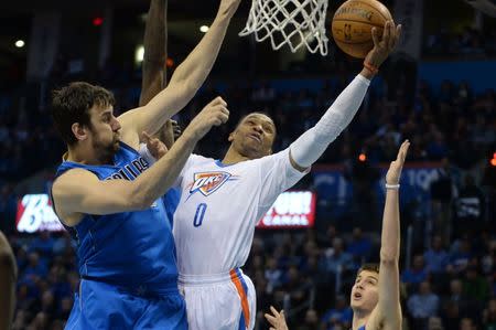 Jan 26, 2017; Oklahoma City, OK, USA; Oklahoma City Thunder guard Russell Westbrook (0) drives to the basket against Dallas Mavericks center Andrew Bogut (6) during the fourth quarter at Chesapeake Energy Arena. Mandatory Credit: Mark D. Smith-USA TODAY Sports