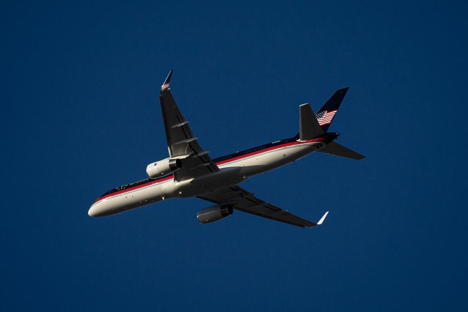 Trump Force One flies over the Richard M. Borchard Fairgrounds in Robstown, Texas, where the former president held a rally on Oct. 22, 2022.