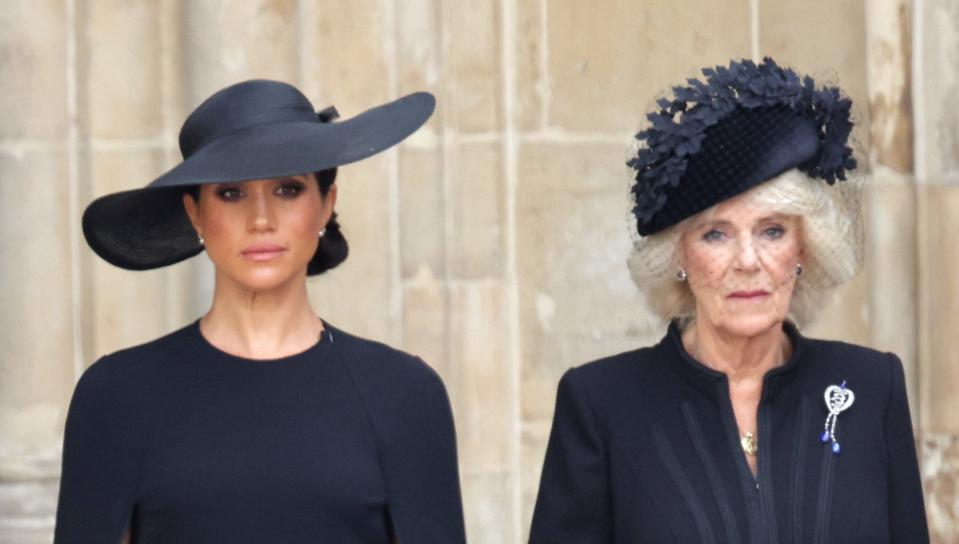 Meghan Markle and Queen Consort Camilla at Queen Elizabeth's funeral at Westminster Abbey.