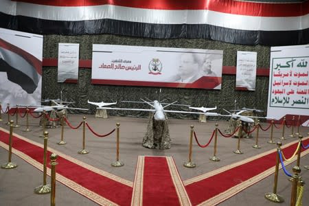 Drone aircrafts are seen on display at an exhibition at an unidentified location in Yemen in this undated handout photo released by the Houthi Media Office