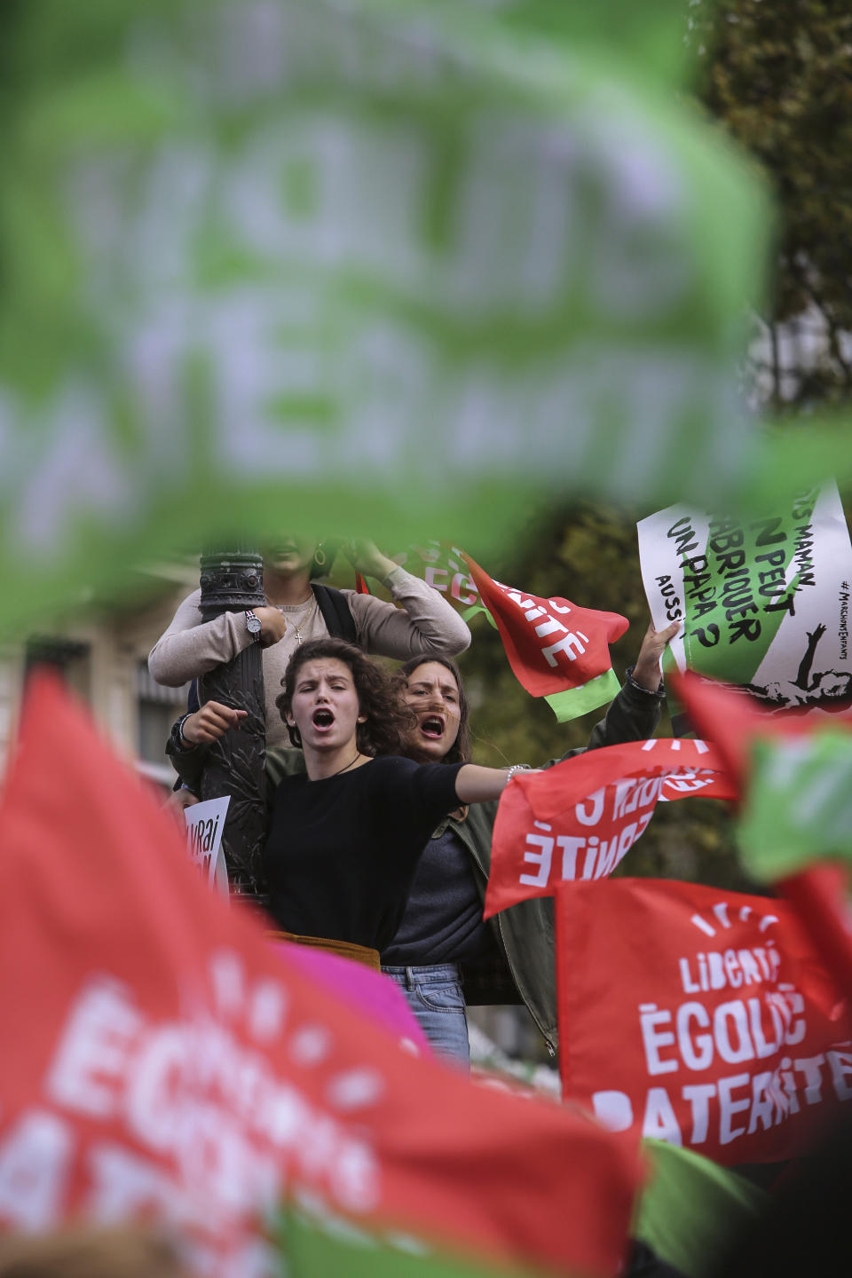 Conservative activists gather to protest in Paris, Sunday Oct. 6, 2019, against a French bill that would give lesbian couples and single women access to in vitro fertilization and related procedures. Traditional Catholic groups and far-right activists organized Sunday's protest, arguing that it deprives children of the right to a father. (AP Photo/Rafael Yaghobzadeh)