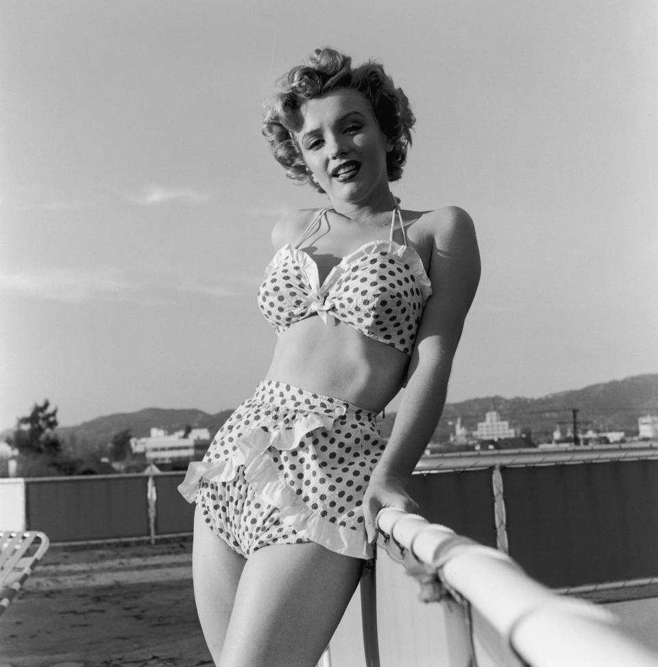 Actress Marilyn Monroe wearing a polka dot bikini, circa 1951.