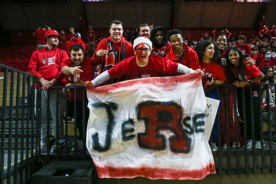 The Rutgers Scarlet Knights student section prior to the game against the Seton Hall Pirates at Jersey Mike's Arena.