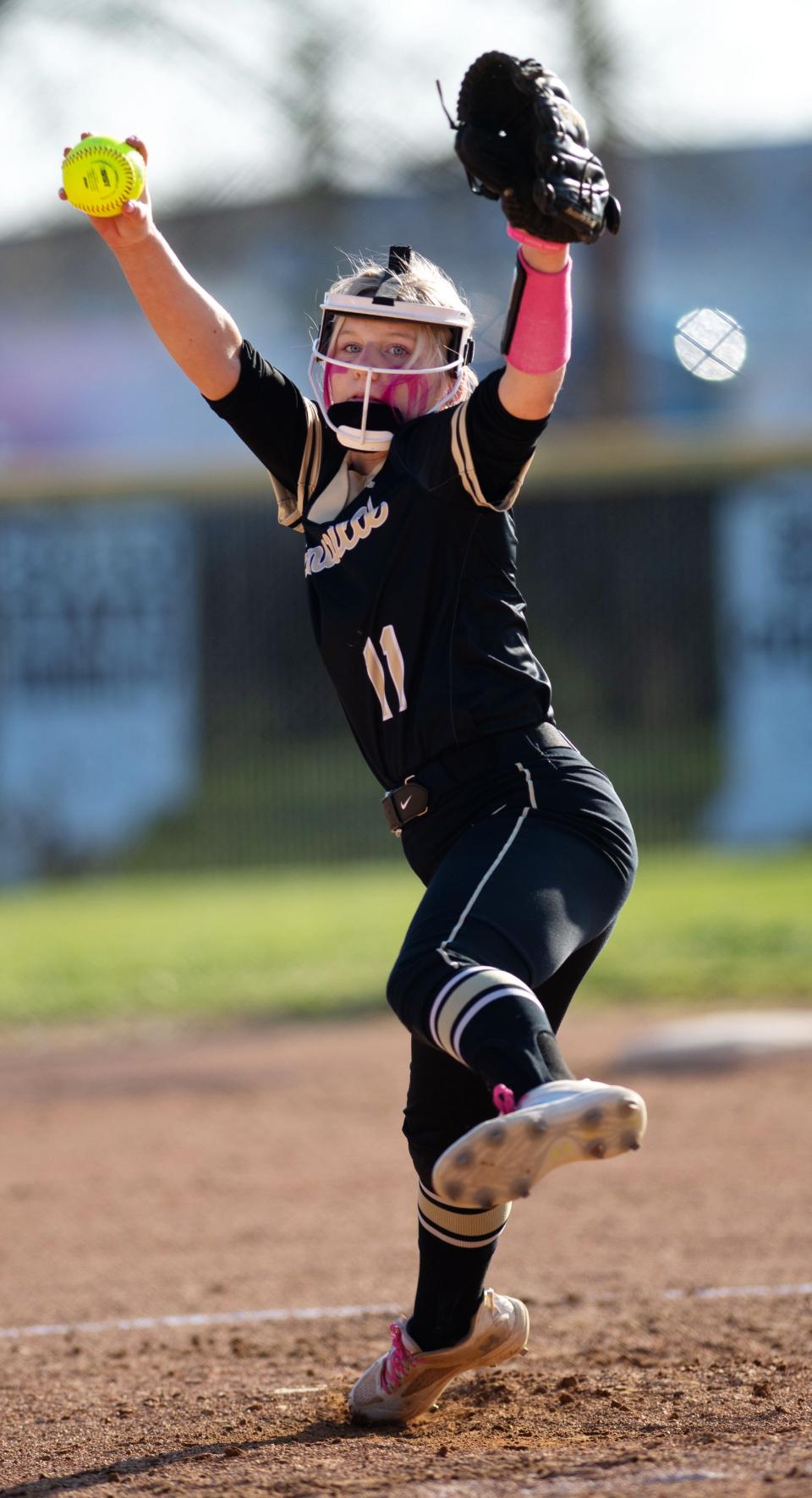 Boonville's Kaleigh Fodge delivers a pitch to a North batter during their home opener at Mike Wilson Field Tuesday evening, March 28, 2023.