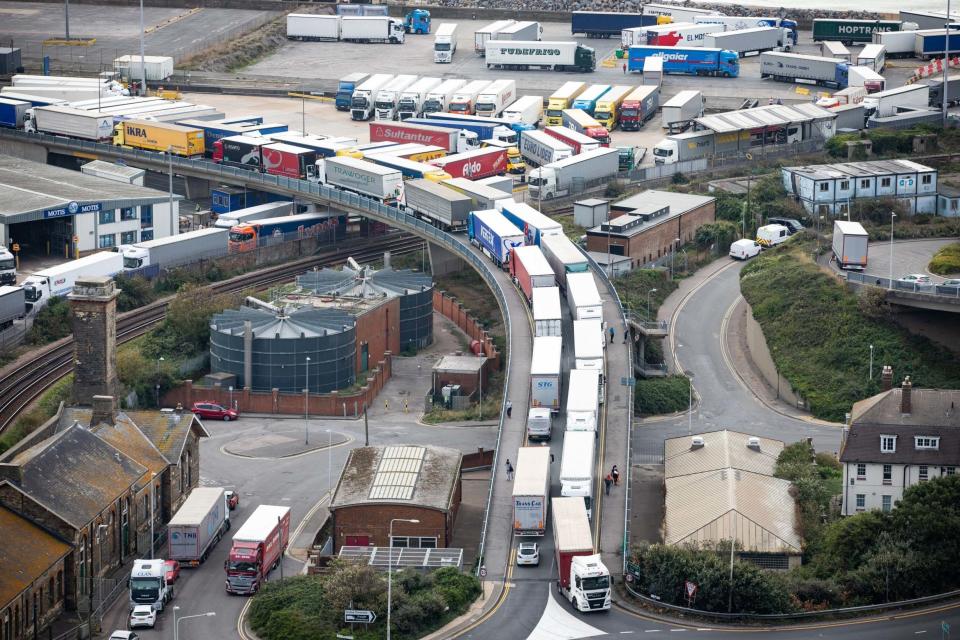 Lorries queue to enter the port in Dover, Kent (PA)