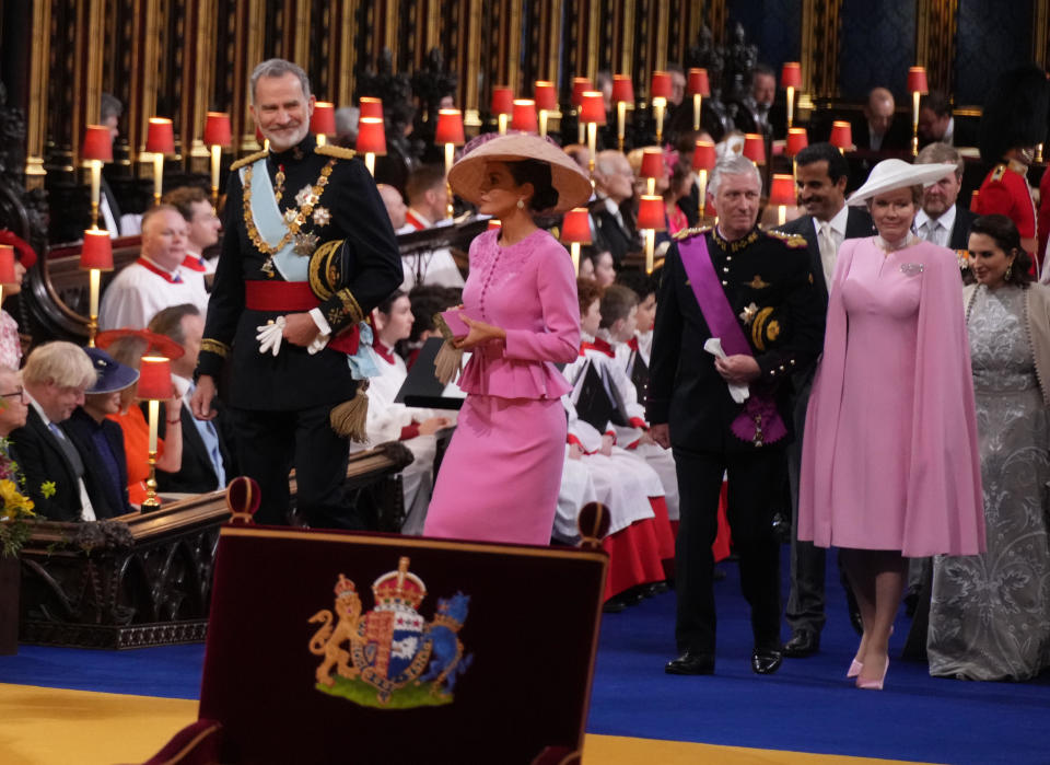 King Felipe VI and Queen Letizia of Spain, and King Willem-Alexander and Queen Maxima of the Netherlands l arrive ahead of the Coronation of King Charles III and Queen Camilla. / Credit: Victoria Jones / Getty Images