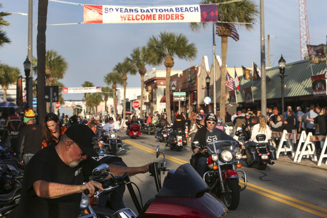 Bikers ride up and down Main Street in Daytona, FL during the starting day of Bike Week on March 5, 2021. (Sam Thomas/Orlando Sentinel)