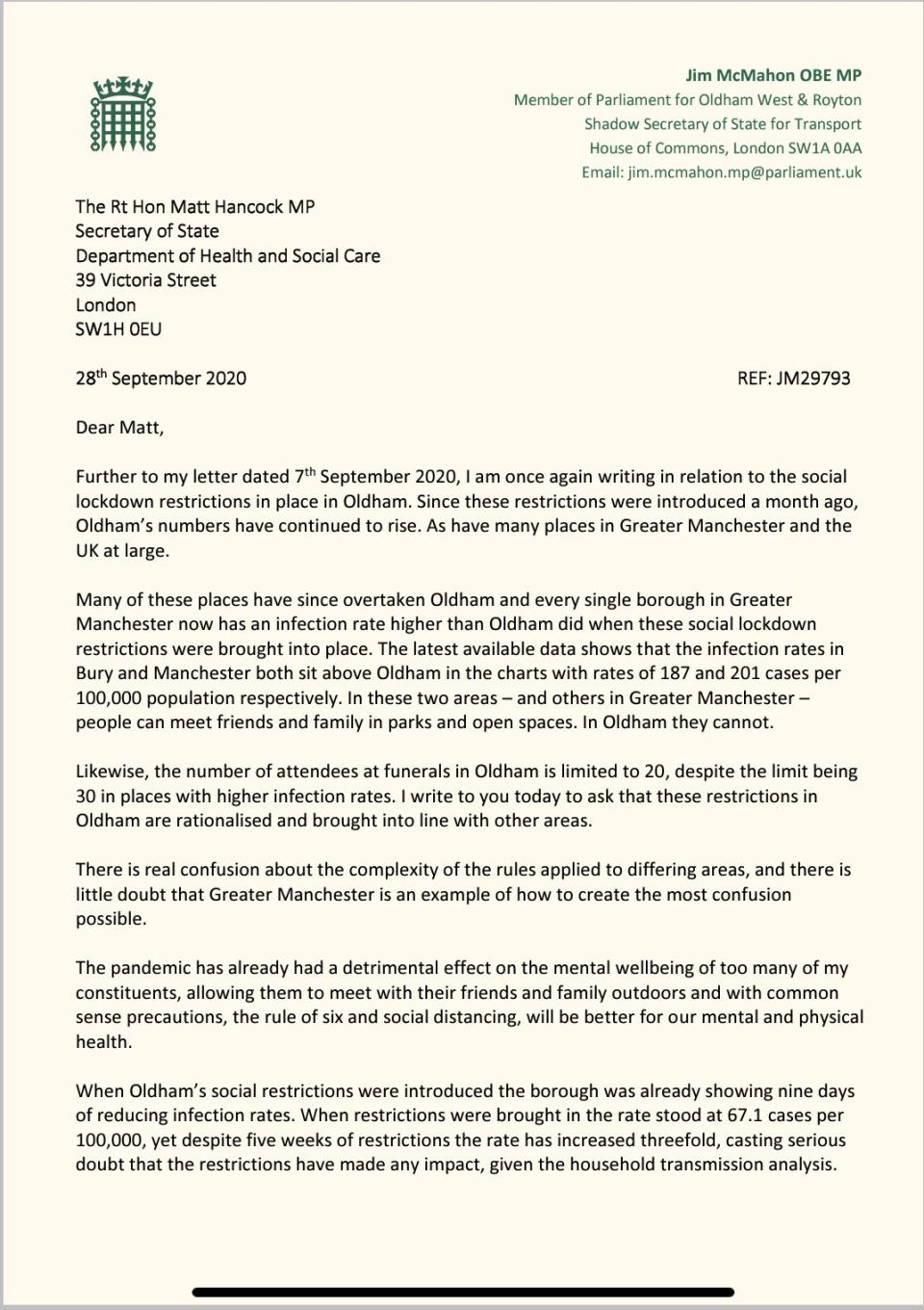 Oldham MP Jim Mc Mahon has written to Matt Hancock asking him to relax lockdown rules in line with surrounding areas 