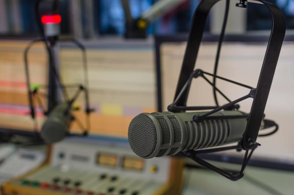 A microphone in a sound booth