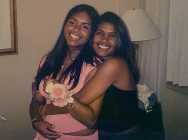 The author with her sister (right) in 2004 at a prom after-party. The author notes, 