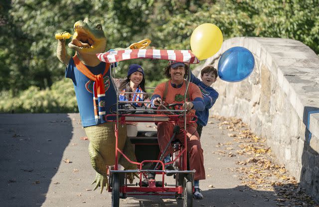 <p>Sarah Shatz/Sony Pictures Entertainment/Courtesy Everett</p> From left: Lyle the Crocodile (voice: Shawn Mendes), Constance Wu, Javier Bardem and Winslow Fegley in 'Lyle, Lyle, Crocodile,' 2022