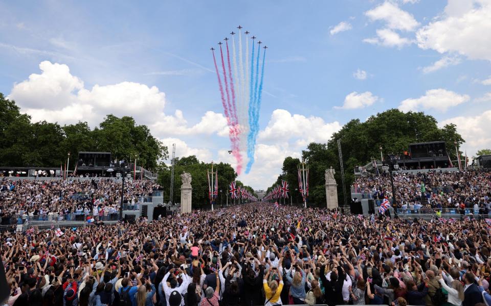 The Duke and Duchess of Sussex could have watched the flypast from the roof of St James' Palace, but opted to go home instead - Roland Hoskins/Reuters