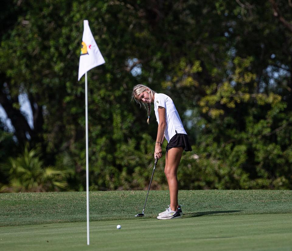 Amelia Loninger of the Bishop Verot golf team golf team competes in the Region A-3 Golf Championships at Valencia Golf & Country Club in Naples on Tuesday, Oct. 31, 2023.