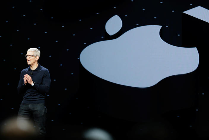 Apple Chief Executive Officer Tim Cook speaks at the Apple Worldwide Developer conference in San Jose, California, U.S., June 4, 2018. REUTERS/Elijah Nouvelage