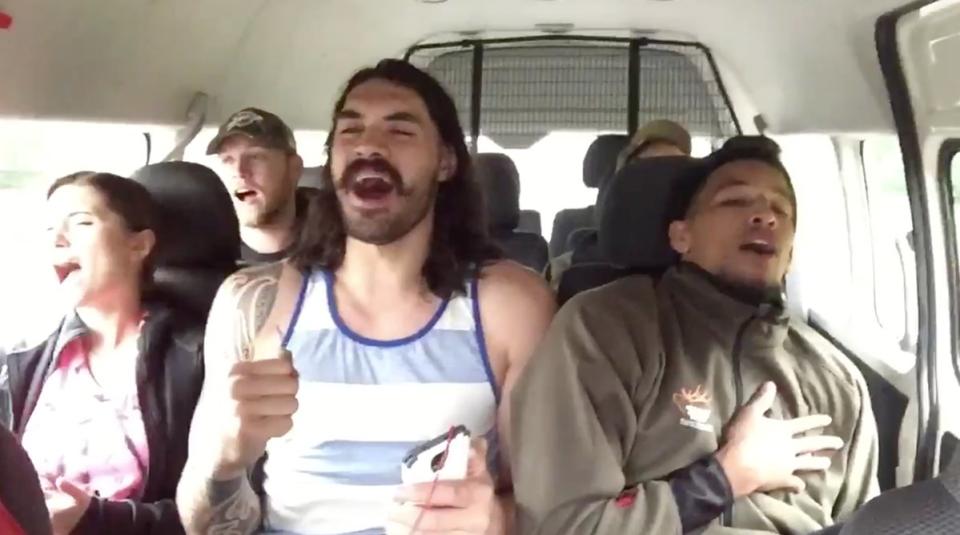 Steven Adams and Andre Roberson get ready for their visit to 'Carpool Karaoke.'