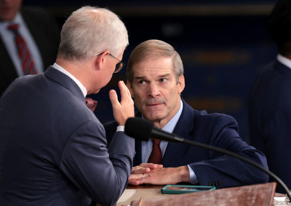 Rep. Jim Jordan talks to Speaker Pro Tempore Rep. Patrick McHenry as the House prepares to hold a vote on a new speaker of the House on Oct. 18, 2023. / Credit: Win McNamee/Getty Images