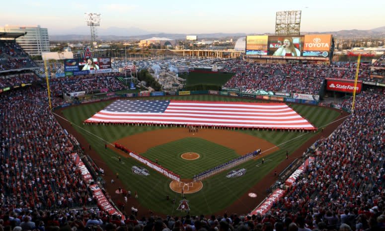 A baseball flag on a field before a game.